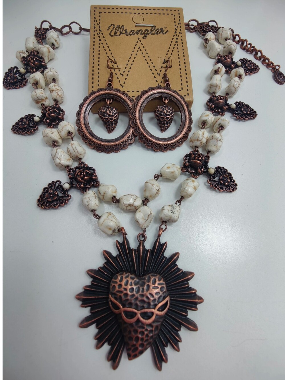 Wrangler White Turquoise Necklace Earrings Set Antique Copper Western  Cowgirl